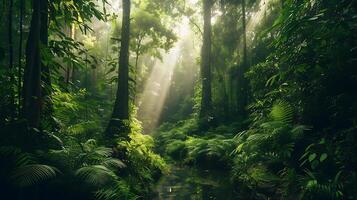 AI generated Sunlight Filtering Through Lush Green Forest Casting Dappled Shadows photo