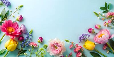 AI generated Spring Flowers On Light Blue Backdrop photo