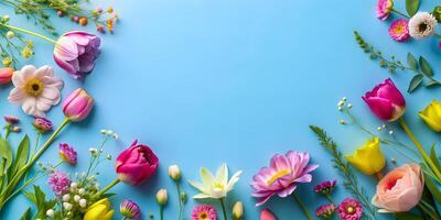 AI generated Spring Blossoms On Light Blue Backdrop photo