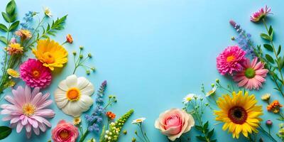AI generated Flat Lay of Summer Flowers On Blue Backdrop photo
