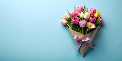 AI generated Tulips Shine On Pale Blue Backdrop photo