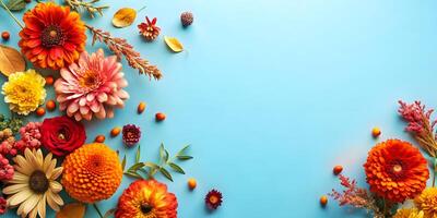 AI generated Fall Blooms On Blue Backdrop, Copy Space photo