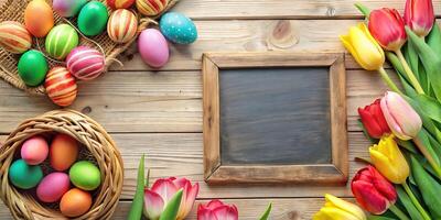 ai generado alegre Pascua de Resurrección antecedentes con tulipanes y pintado huevos foto