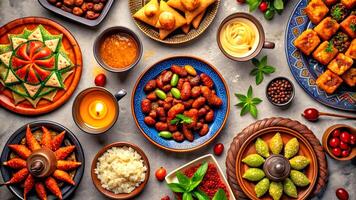 ai generado Ramadán kareem iftar mesa adornado con tentador festivo trata foto
