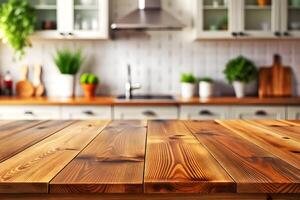 AI generated Wooden Tabletop Against a Defocused Kitchen Background photo