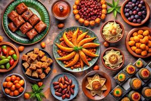 AI generated Ramadan Kareem Iftar Table Brimming With Delicious Festive Delicacies photo
