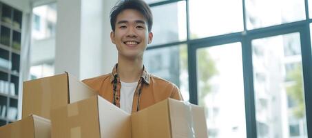 AI generated Young Man Standing in Front of Piles of Boxes. Generative AI. photo