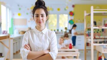 ai generado mujer en pie en salón de clases con brazos cruzado. generativo ai. foto