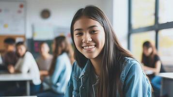 ai generado sonriente niña en salón de clases con estudiantes. generativo ai. foto