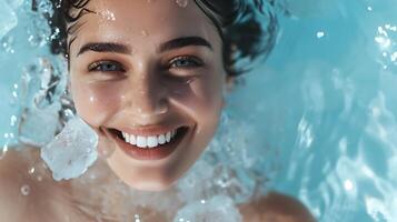 AI generated Woman Smiling in Pool of Water. Generative AI. photo