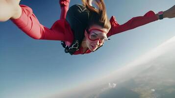 AI generated A woman jumps with a parachute in a red suit. Generative AI photo