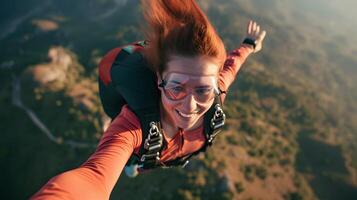 ai generado Pelirrojo mujer paracaidismo con gafas de protección. generativo ai foto