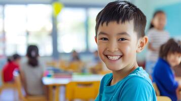 AI generated Smiling Young Boy in Classroom. Generative AI. photo