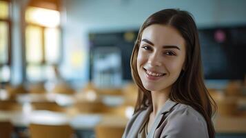 ai generado sonriente mujer en aula. generativo ai. foto