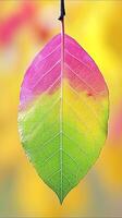 AI generated Colorful Leaf Hanging From Tree Branch. Generative AI. photo