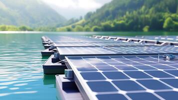 AI generated Row of Solar Panels on Lake. Generative AI. photo