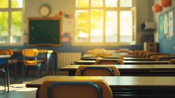 AI generated Classroom Filled With Desks and Chairs. Generative AI. photo