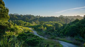 AI generated Tranquil Forest Scene with Clear Blue Sky and Winding Path Captured in Wide 24mm Shot photo