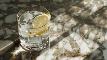 AI generated Refreshing Sparkling Water with Lemon on Rustic Table Surrounded by Blurred Greenery photo