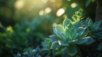 AI generated Vibrant Green Leaf in Focus with Sunlight Filtering Through Foliage photo