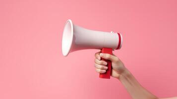 AI generated Female hand holding a white megaphone on a pink background. photo