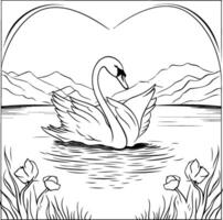 Swan swimming in the lake. Black and white vector illustration.