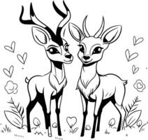 Black and white illustration of a pair of antelopes in love. vector