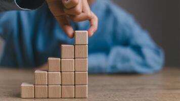 Blank wooden cubes on the table with copy space, empty wooden cubes for input wording, and an infographic icon.. photo