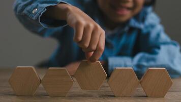 Blank wooden cubes on the table with copy space, empty wooden cubes for input wording, and an infographic icon. photo