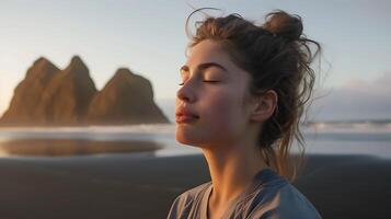 ai generado joven mujer se involucra en música y tecnología con inalámbrico auriculares y teléfono inteligente foto