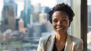 AI generated Businesswoman Presents in Modern Office Boardroom with City Skyline View Captured in 50mm CloseUp photo