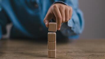 Blank wooden cubes on the table with copy space, empty wooden cubes for input wording, and an infographic icon.. photo