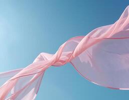 AI generated Flying pink fabric wave on blue sky background and illuminated by sunlight photo