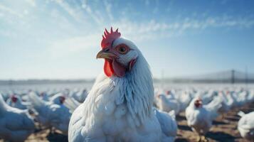 AI generated White chickens on a farm in the sun. The concept of breeding of poultry photo