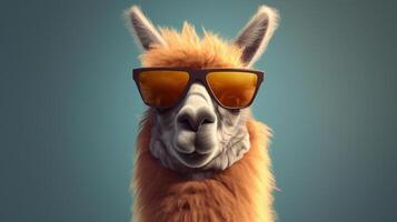 Llama wearing sunglasses on blue background. 3d illustration. photo