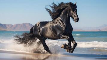 ai generado negro caballo Galopando en el playa a puesta de sol foto