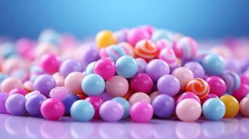 AI generated Colorful candies background. Chocolate candies with sprinkles. photo