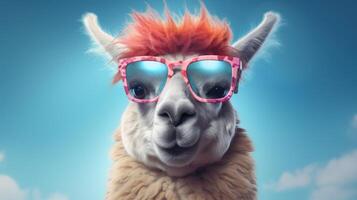 Funny llama wearing sunglasses on blue sky background. Funny animal photo