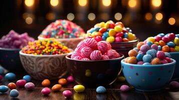 AI generated Colorful candies in bowls on wooden background. Selective focus. photo