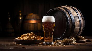 AI generated Beer glass, barrel and wheat on a wooden table. Dark background. photo