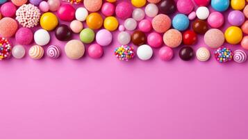 AI generated Colorful candies on pink background. Top view with copy space photo