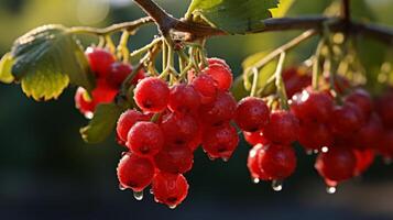 AI generated Ripe red currant berries with water drops on a branch. photo