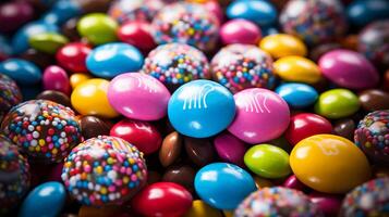 AI generated Colorful candies background. Chocolate candies with sprinkles. photo