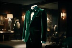 AI generated Mannequin dressed in green suit on the background of the window photo