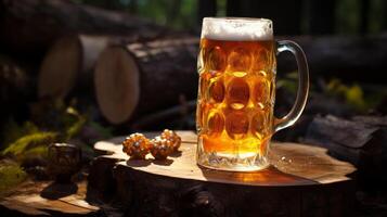 ai generado jarra de cerveza en un de madera mesa en el bosque en un soleado día foto