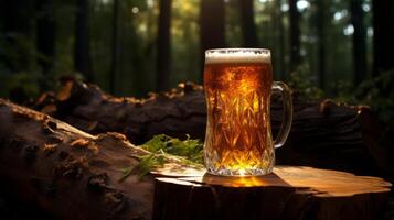 AI generated Mug of beer on a log in the forest at sunset. photo