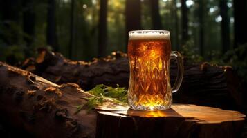 ai generado jarra de cerveza en un Iniciar sesión en el bosque a puesta de sol. foto