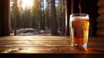 AI generated Glass of beer on wooden table in front of window in pine forest photo