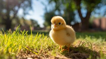 ai generado pequeño amarillo pollo en verde césped en el jardín a soleado día. foto