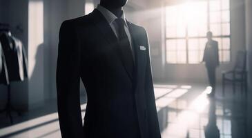 AI generated Mannequin in a black suit on a blurred background. Toned image photo